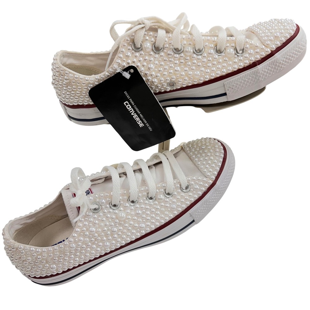 Converse Chuck Taylor All Star Low Top Pearl Embellished White Sneakers Wedding